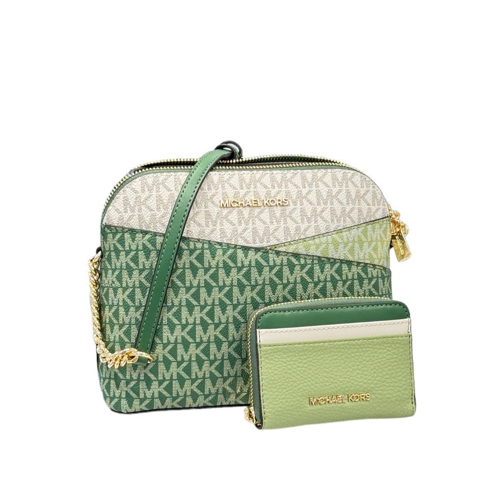 Michael Kors Jet Set Dome Crossbody Bag + Card Case Wallet MK Green Multi